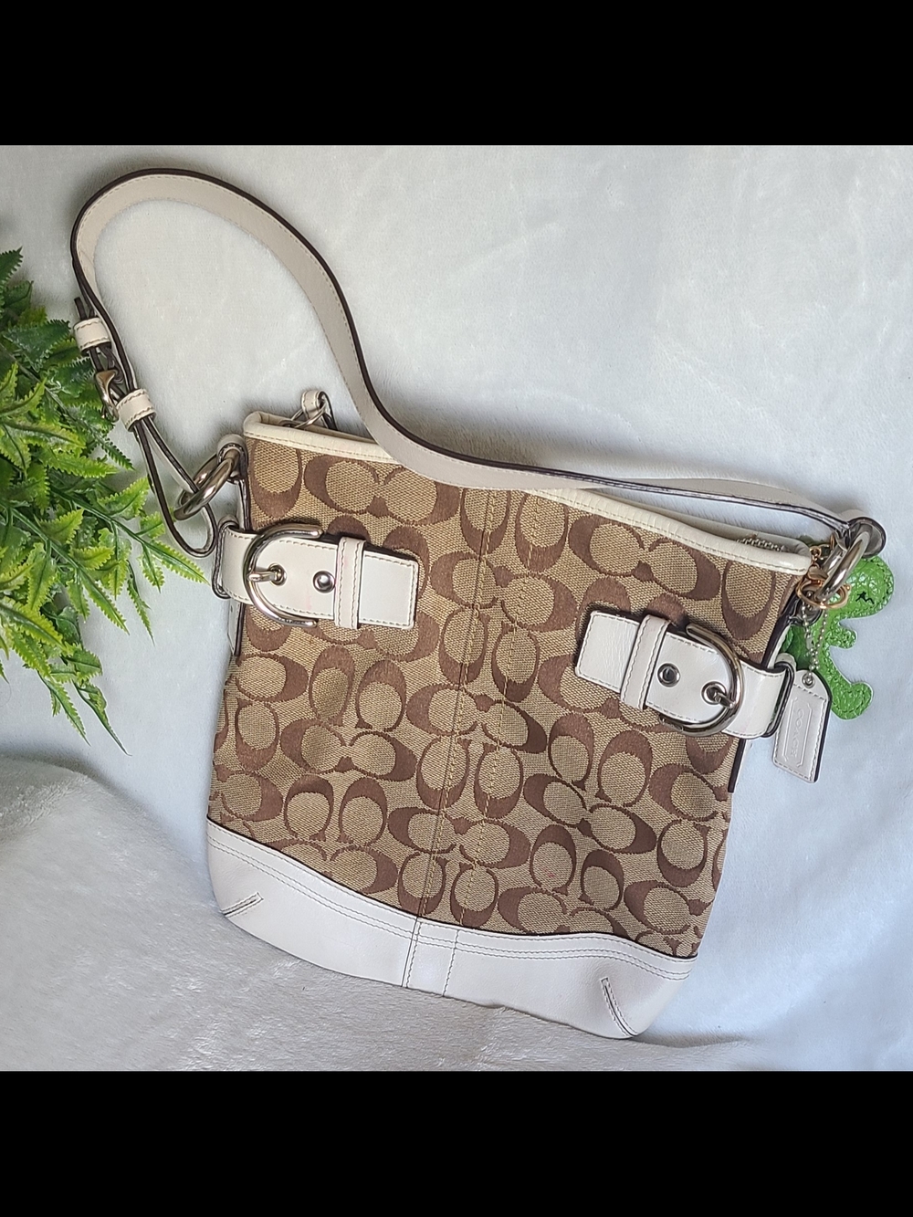 Coach Signature Canvas Shoulder Bag in Brown/Tan with White Trim